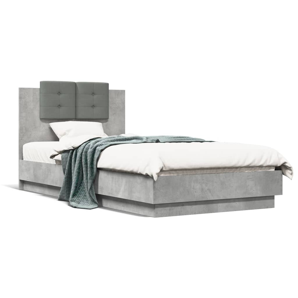 vidaXL Рамка за легло с табла и LED осветление, бетонно сив, 90x190 см