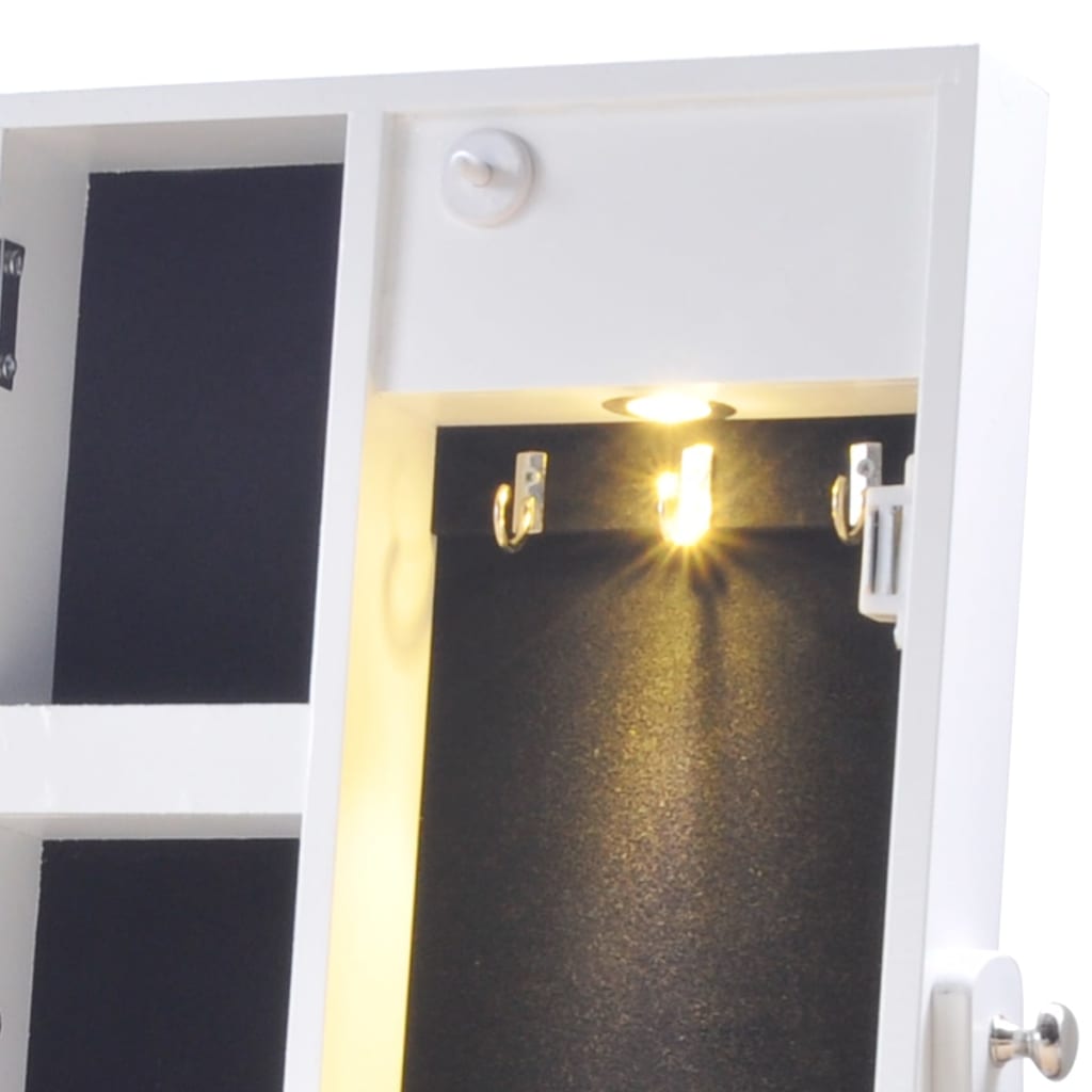 Шкаф за бижута с огледало и LED светлини, бял цвят