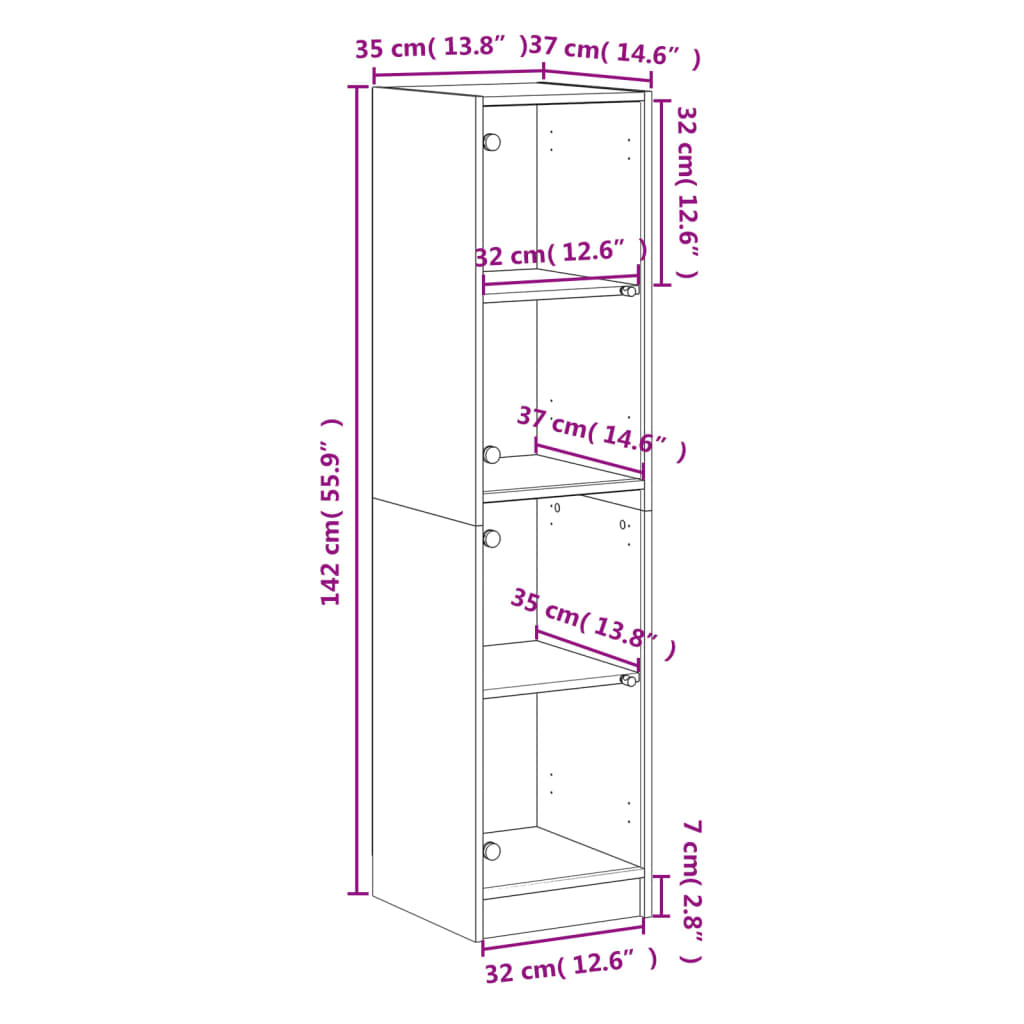 vidaXL Висок шкаф със стъклена врати, опушен дъб, 35x37x142 см