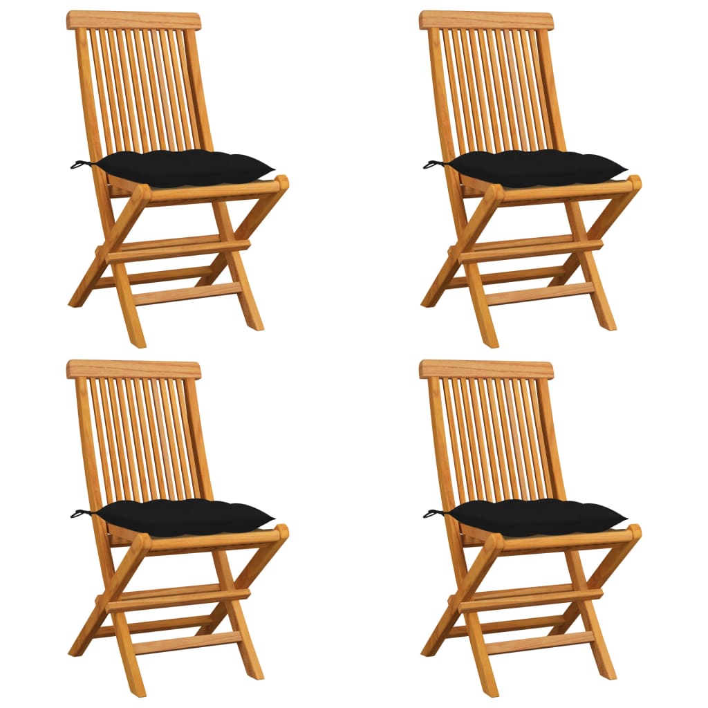 vidaXL Градински столове с черни възглавници 4 бр тиково дърво масив