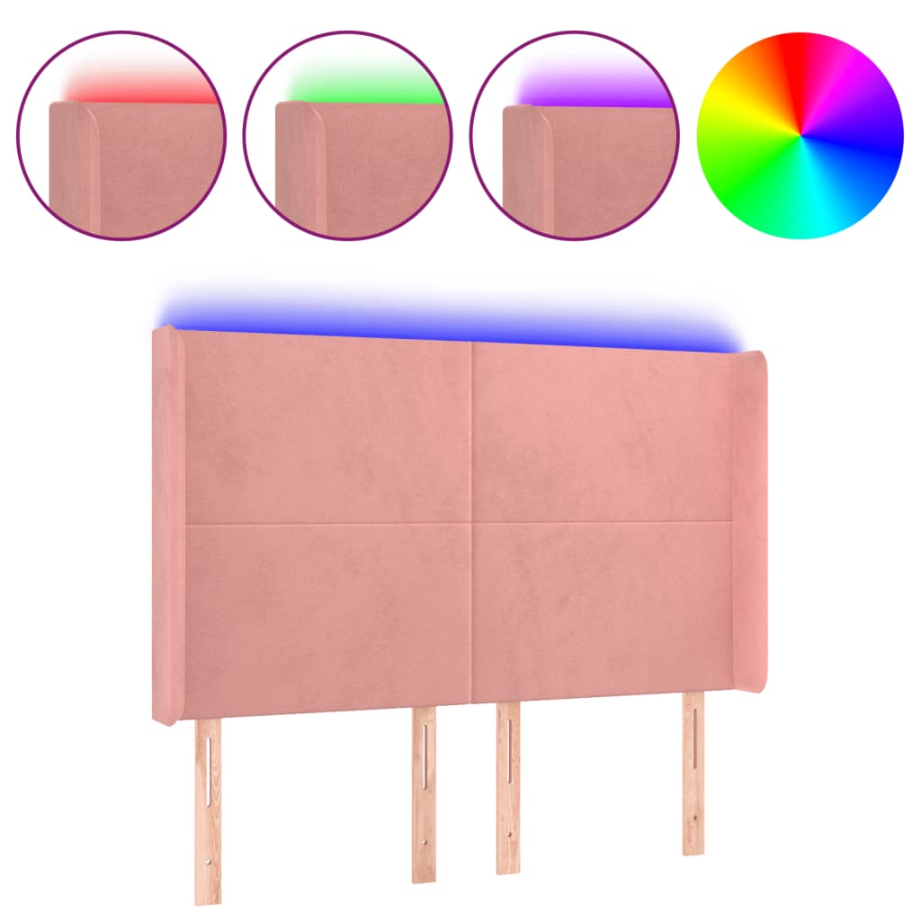 vidaXL LED горна табла за легло, розова, 147x16x118/128 см, кадифе