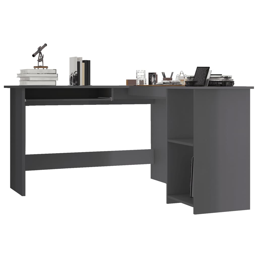 vidaXL Г-образно ъглово бюро, сив силен гланц, 120x140x75 см, ПДЧ