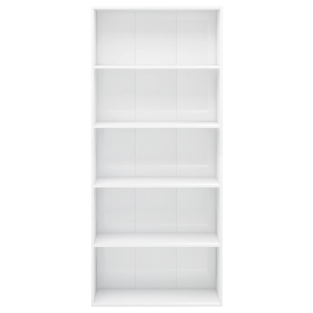 vidaXL 5-етажна библиотека, бял силен гланц, 80x30x189 см, ПДЧ