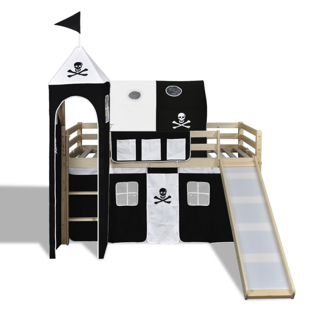 Високо детско легло „Пирати“ със стълба и пързалка, натурално дърво