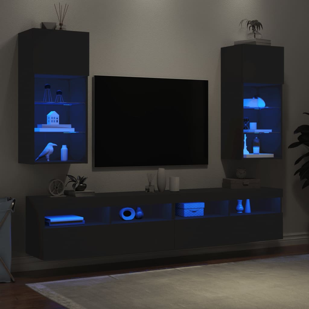 vidaXL ТВ шкафове с LED осветление 2 бр черни 40,5x30x90 см