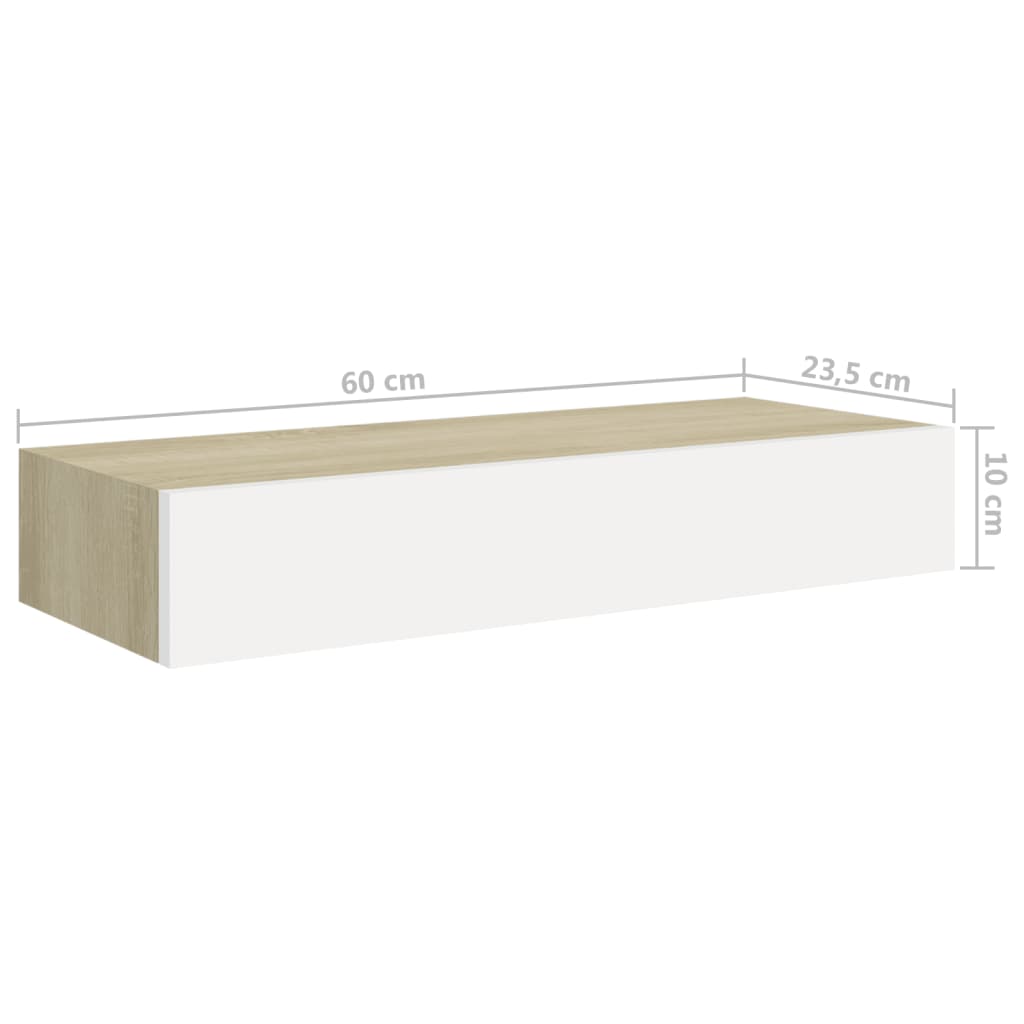 vidaXL Стенен рафт с чекмедже, дъб и бял, 60x23,5x10 см, МДФ