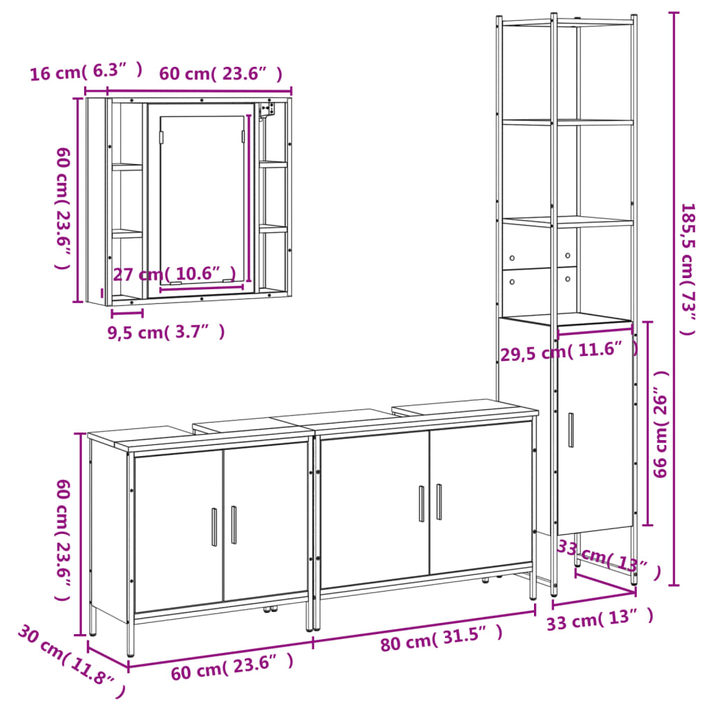 vidaXL Комплект шкафове за баня от 4 части сив сонома инженерно дърво