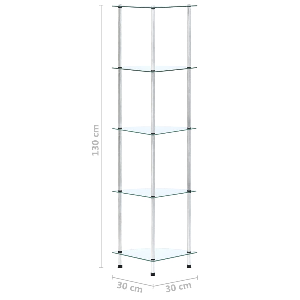 vidaXL Етажерка с 5 рафта, прозрачна, 30x30x130 см, закалено стъкло