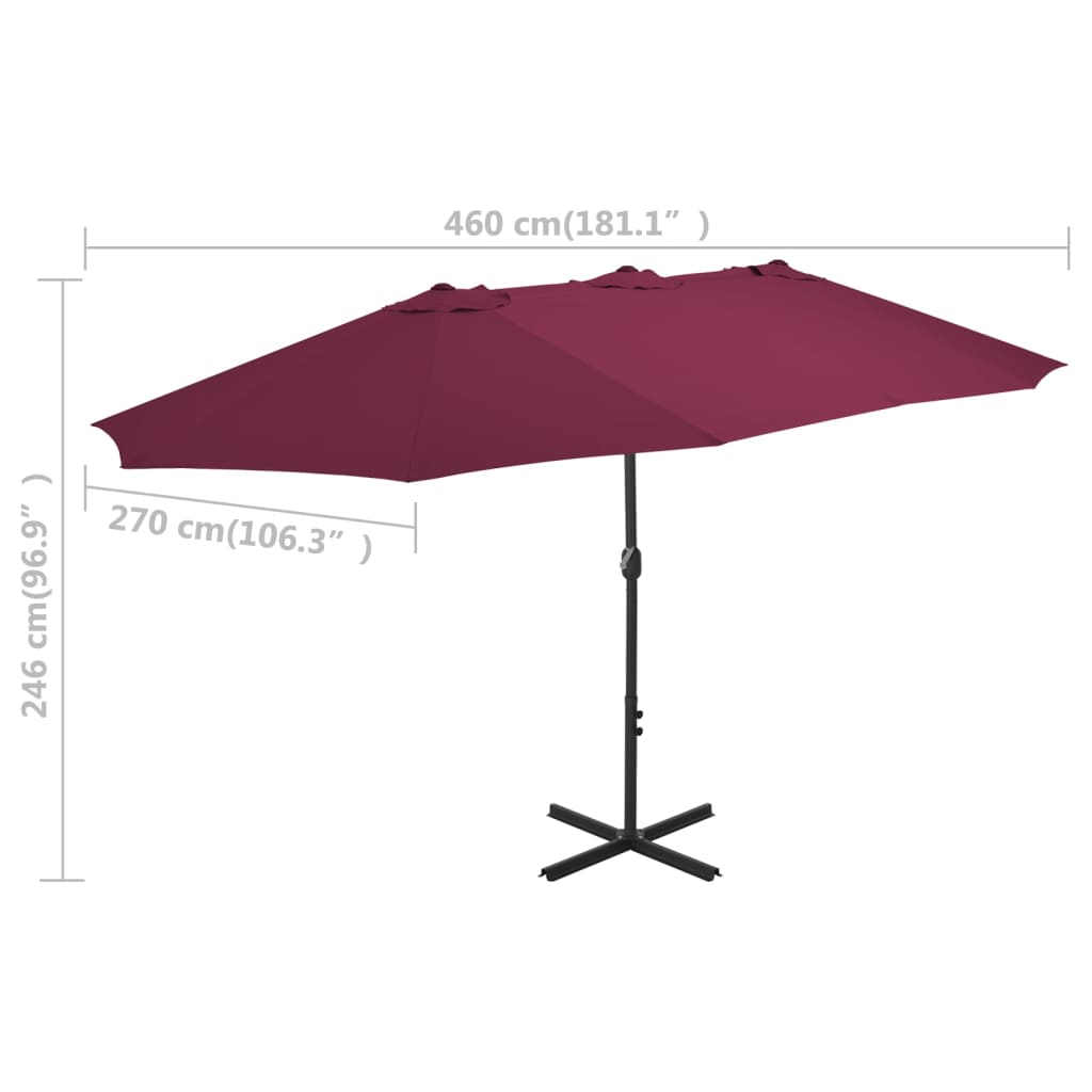 vidaXL Градински чадър с алуминиев прът, 460x270 см, бордо