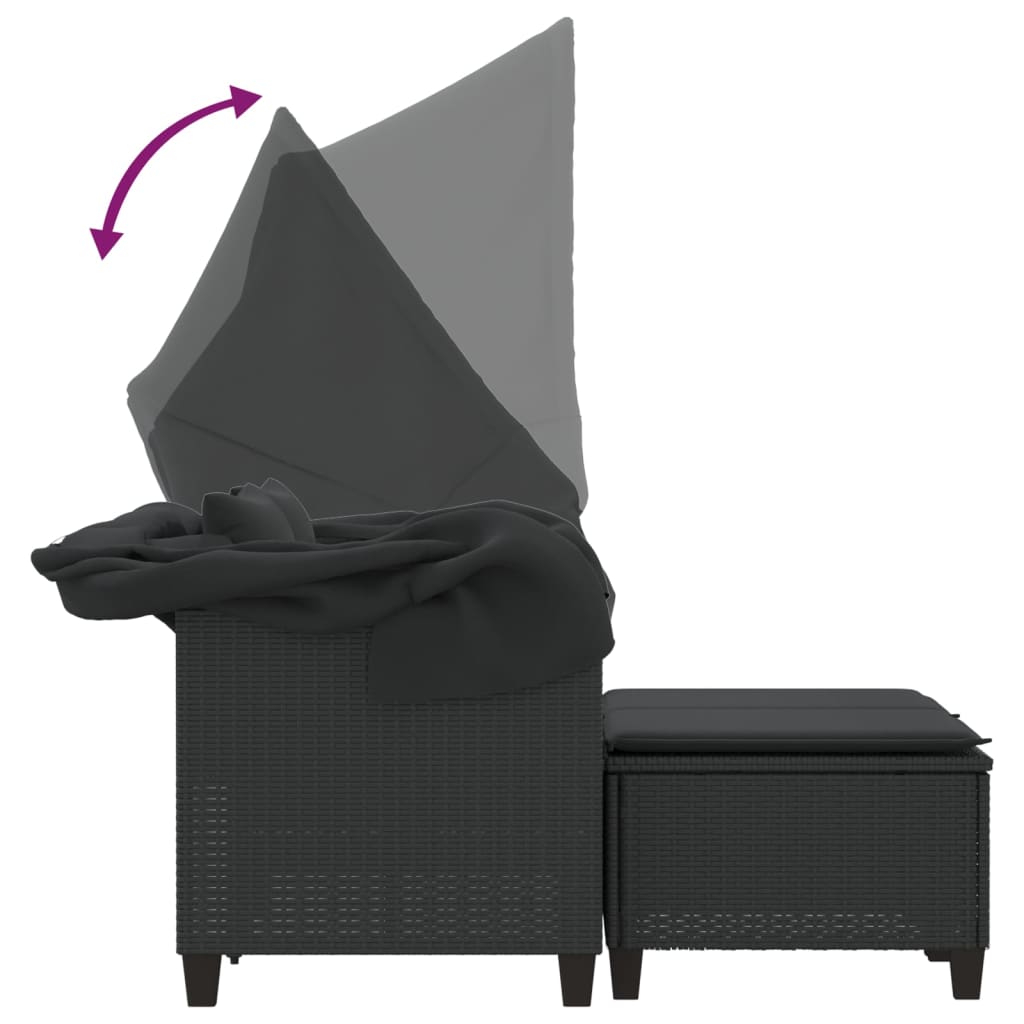 vidaXL 2-местен градински диван със сенник и табуретки черен полиратан