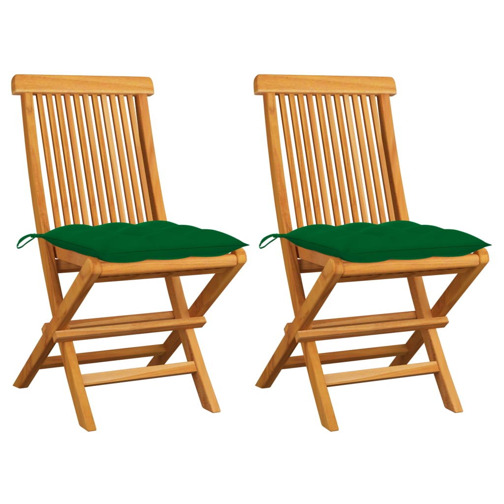 vidaXL Градински столове със зелени възглавници 2 бр тик масив