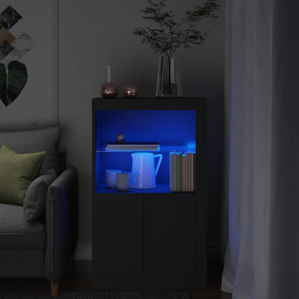vidaXL Страничен шкаф с LED осветление, черен, инженерно дърво