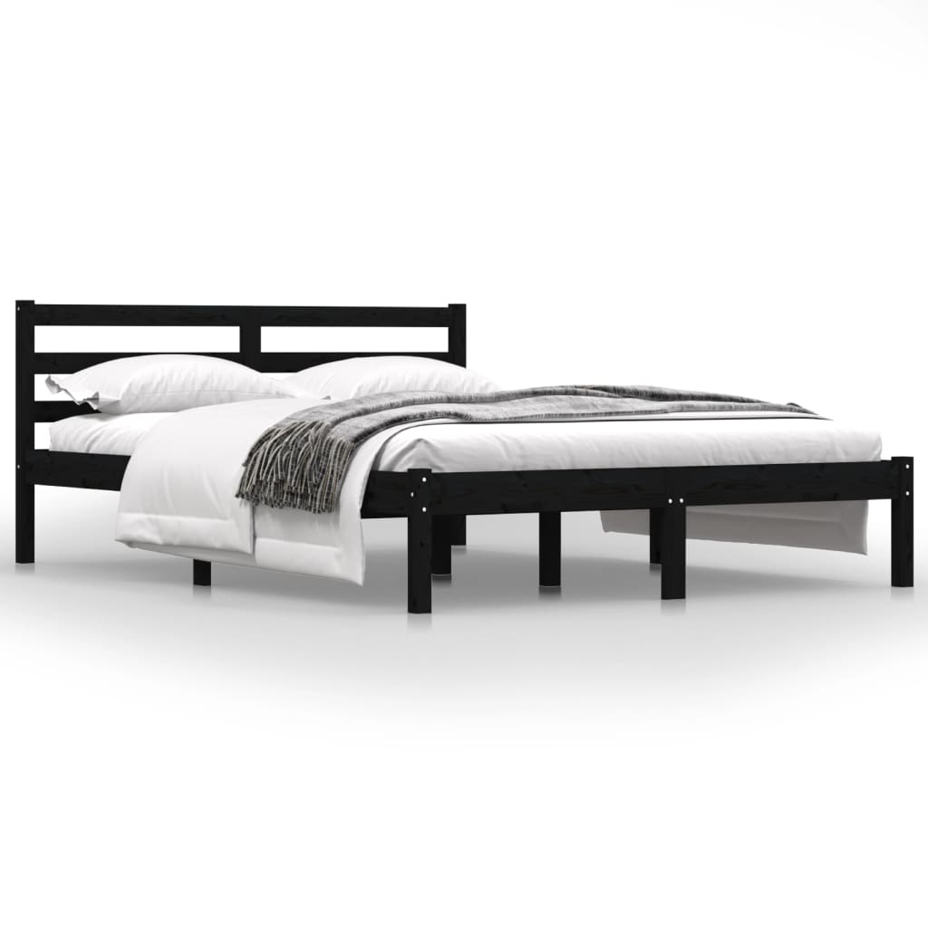 vidaXL Рамка за легло, бор масив, 135x190 см, черна, Double