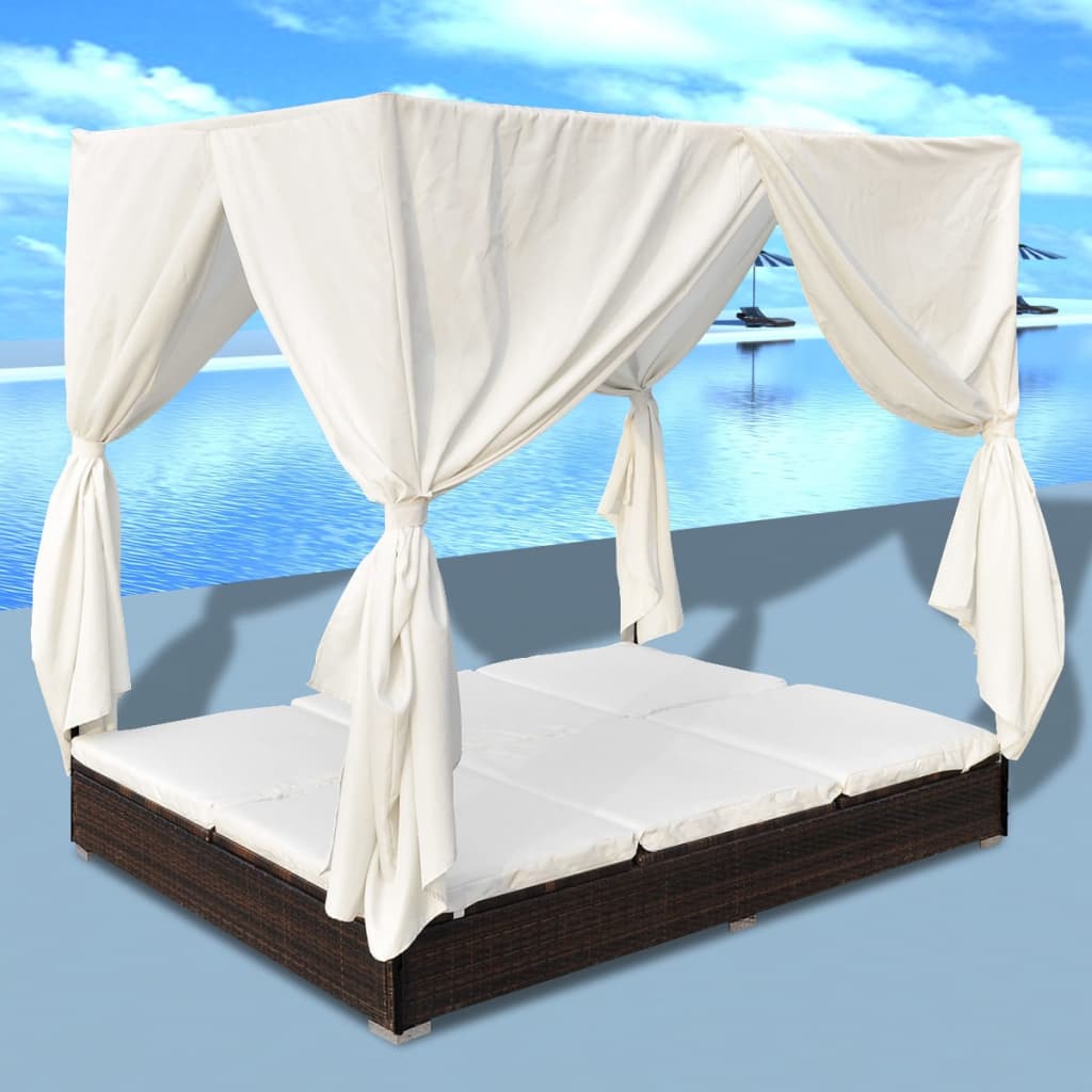 vidaXL Градинско лаундж легло със завеси, полиратан, кафяво