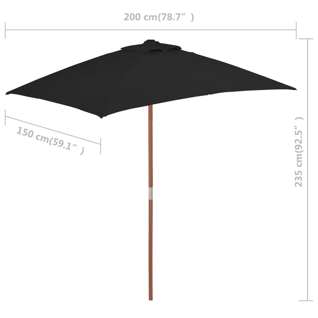 vidaXL Градински чадър с дървен прът, черен, 150x200 см