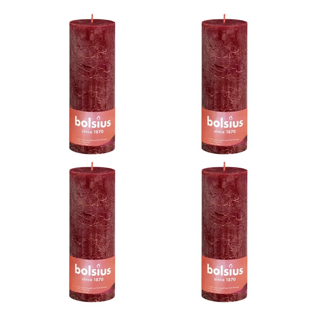 Bolsius Рустик колонни свещи Shine, 4 бр, 190x68 мм, кадифено червено