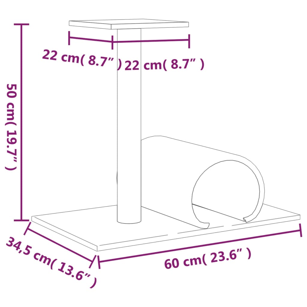 vidaXL Котешки стълб за драскане с тунел, кремав, 60x34,5x50 см