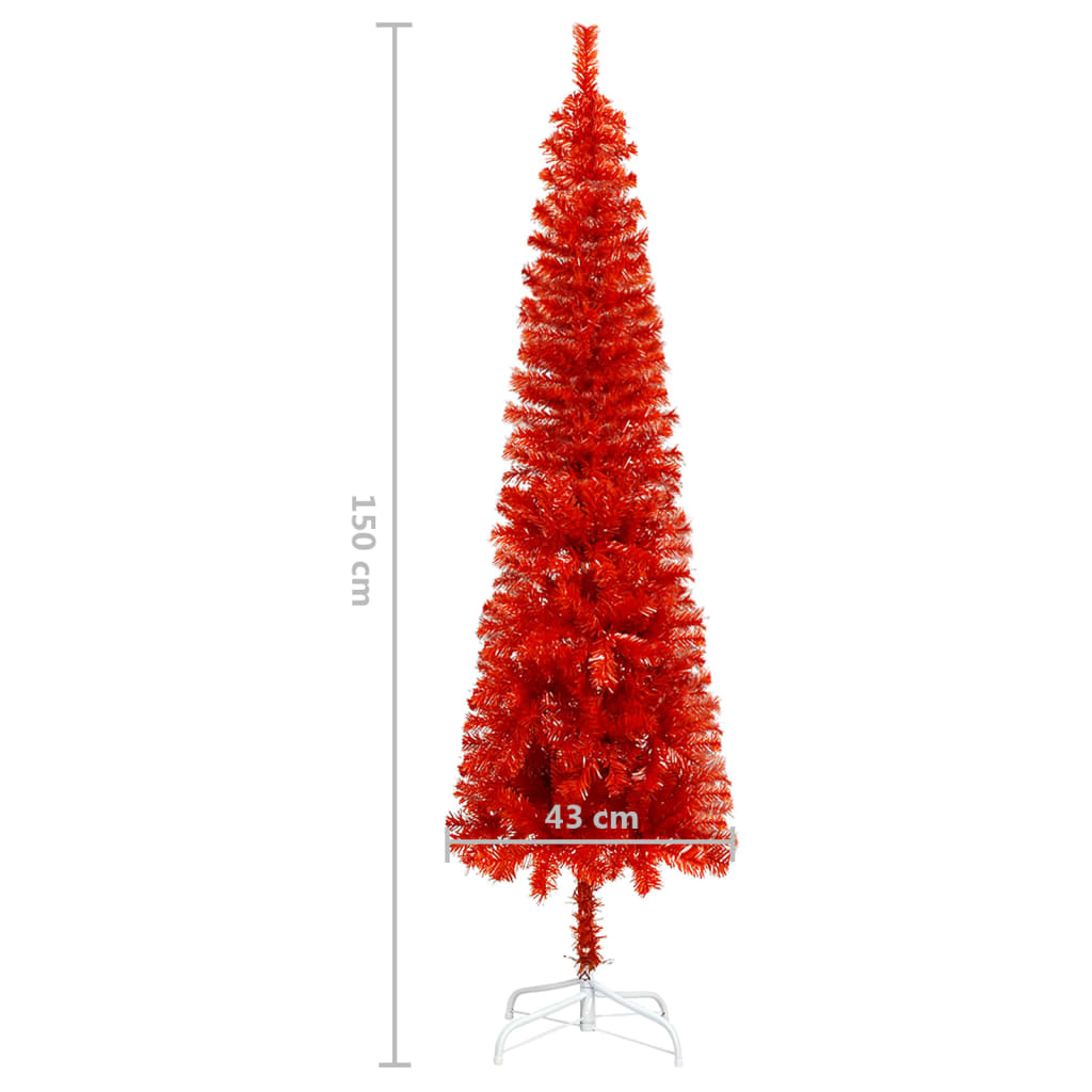 vidaXL Тънка готова осветена коледна елха с топки, червена, 150 см