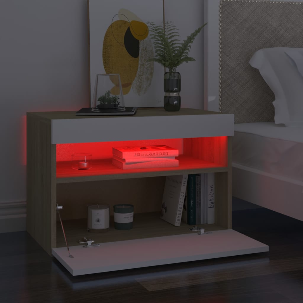 vidaXL Нощни шкафчета с LED 2 бр бяло и сонома дъб 60x35x40 см