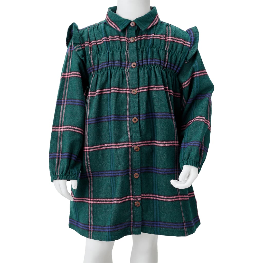 Детска рокля с дълги ръкави и волани, тъмнозелена, 92