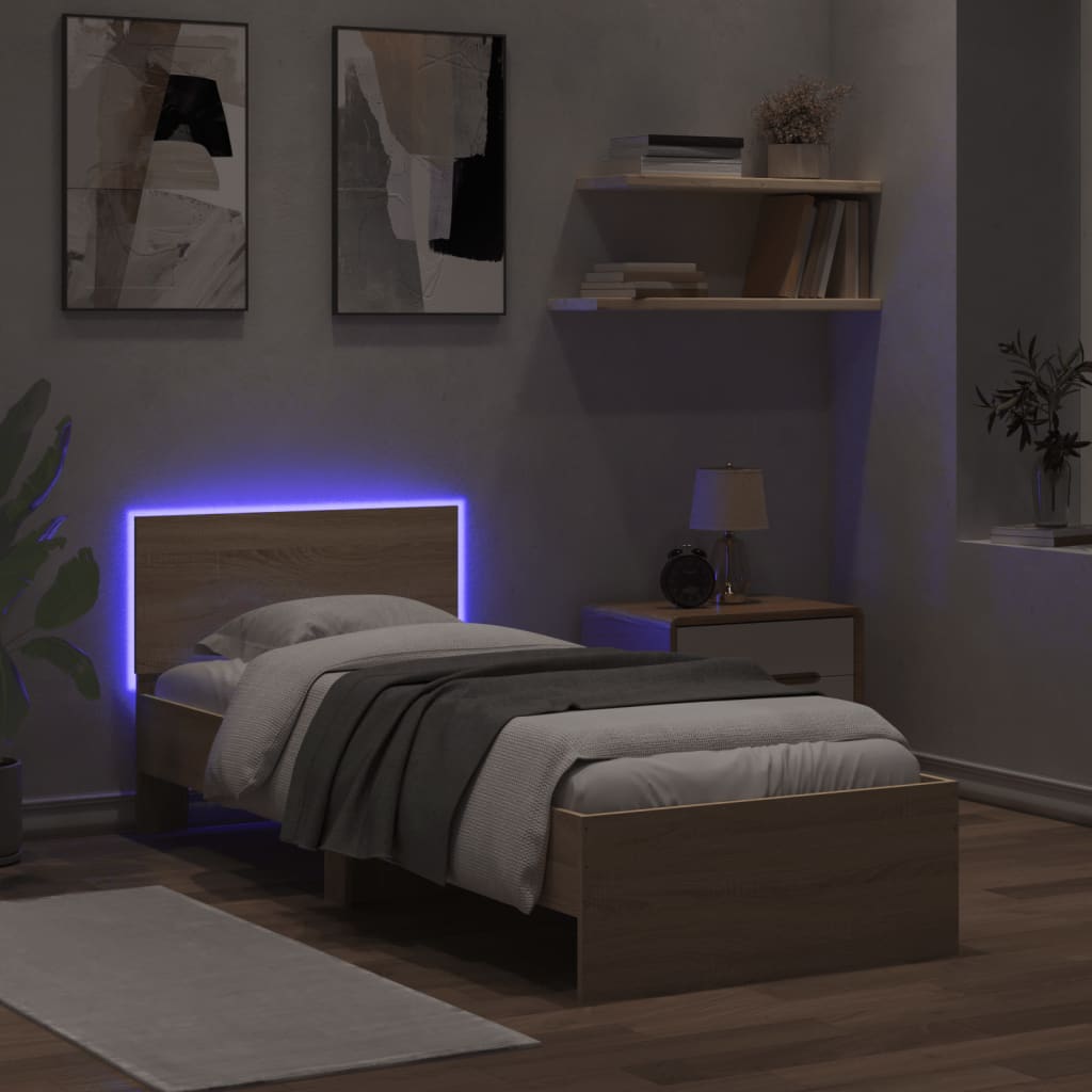 vidaXL Рамка за легло с табла и LED осветление, дъб сонома, 75x190 см
