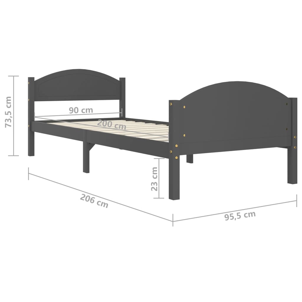 vidaXL Рамка за легло, тъмносива, бор масив, 90х200 см