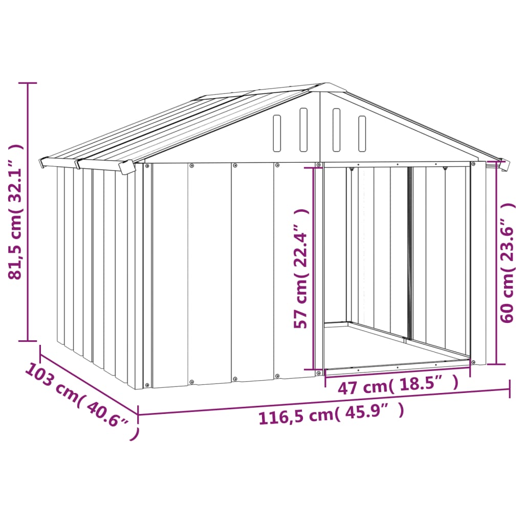 vidaXL Кучешка къща, антрацит, 116,5x103x81,5 см, поцинкована стомана