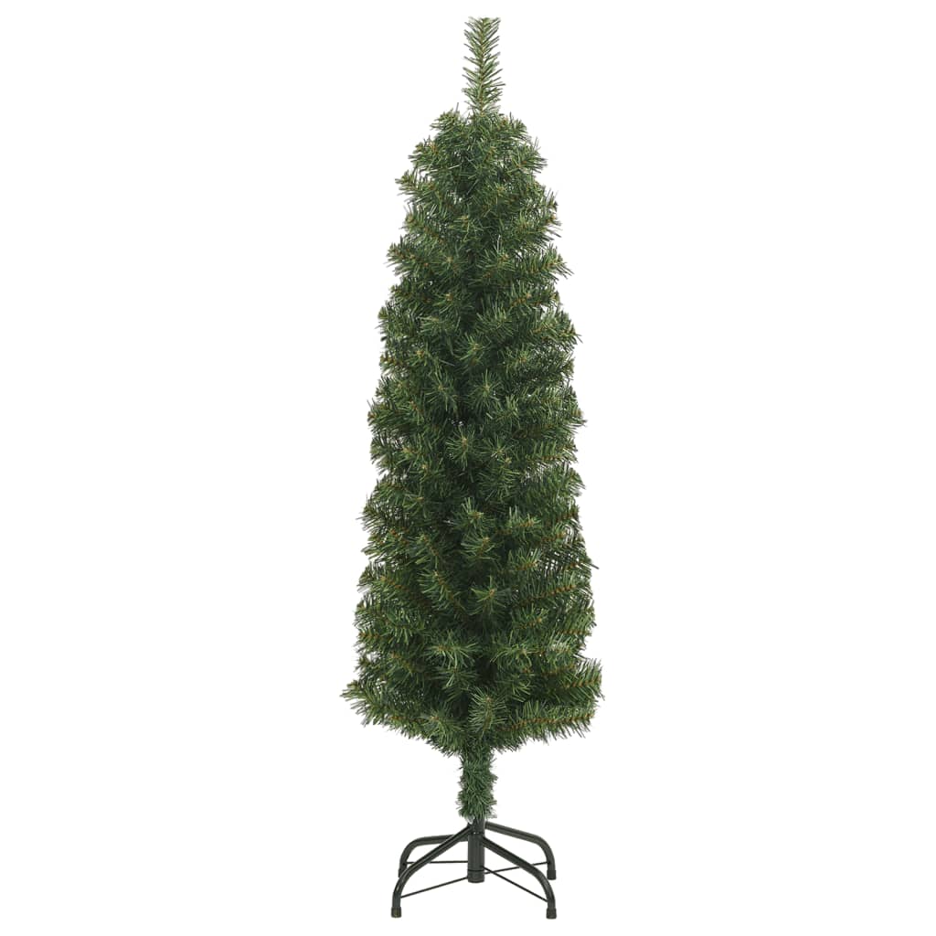 vidaXL Тънка изкуствена коледна елха със стойка, зелена, 150 см, PVC