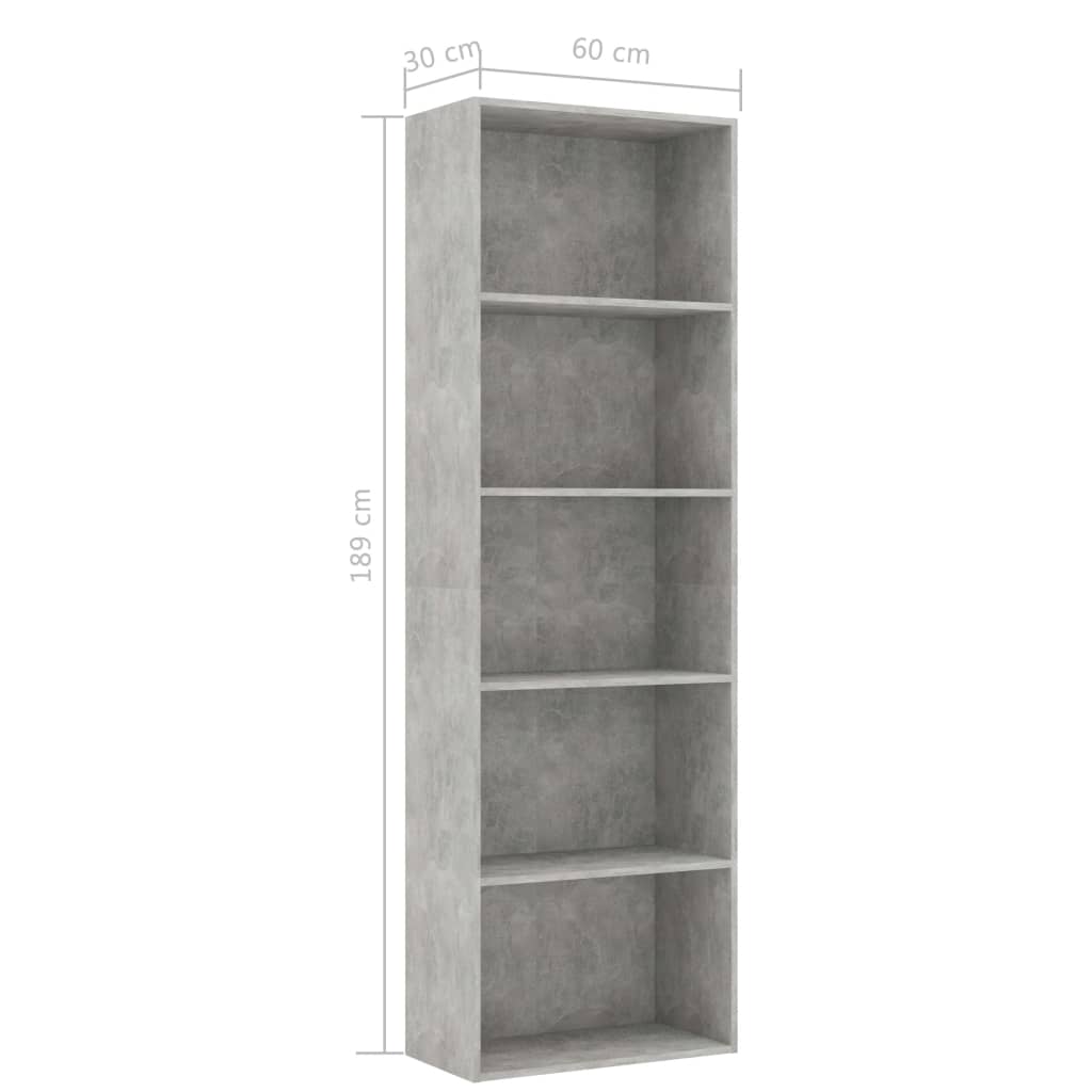 vidaXL 5-етажна библиотека, бетонно сива, 60x30x189 см, ПДЧ