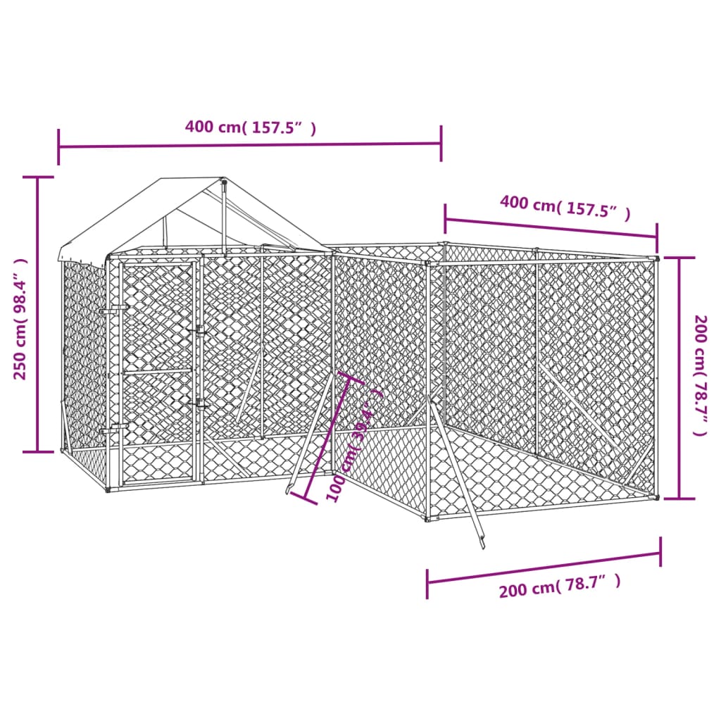 vidaXL Външна клетка за куче с покрив сребриста 4x4x2,5 м стомана