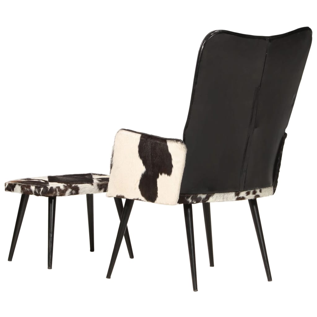 vidaXL Wingback стол с табуретка, черен, естествена кожа