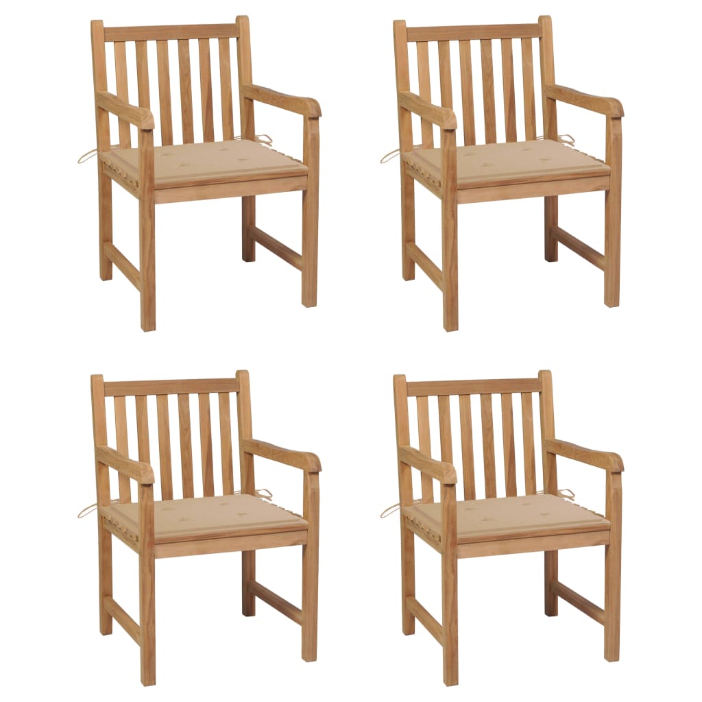 vidaXL Градински столове, 4 бр, бежови възглавници, тиково дърво масив