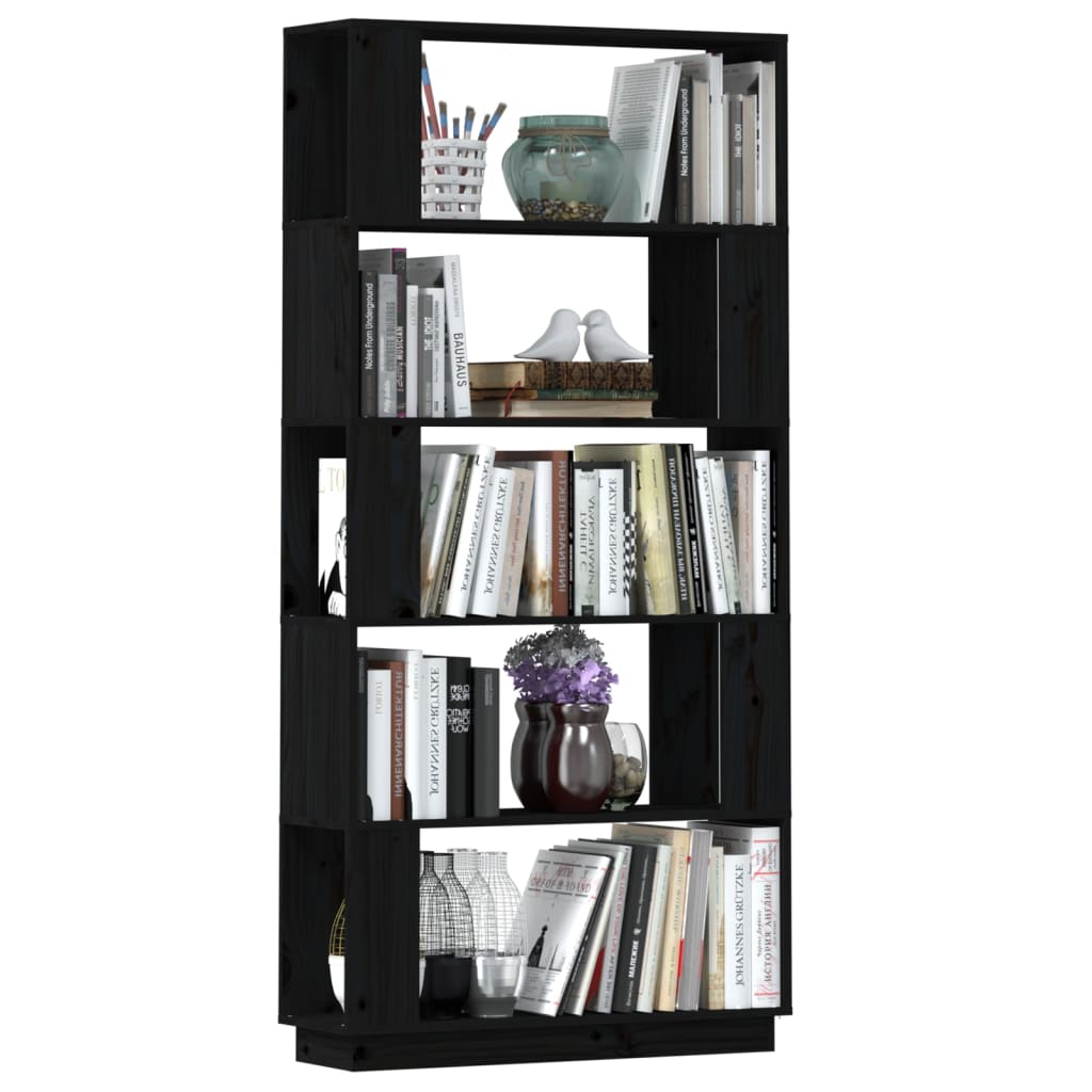 vidaXL Библиотека/разделител за стая, черна, 80x25x163,5 см, бор масив