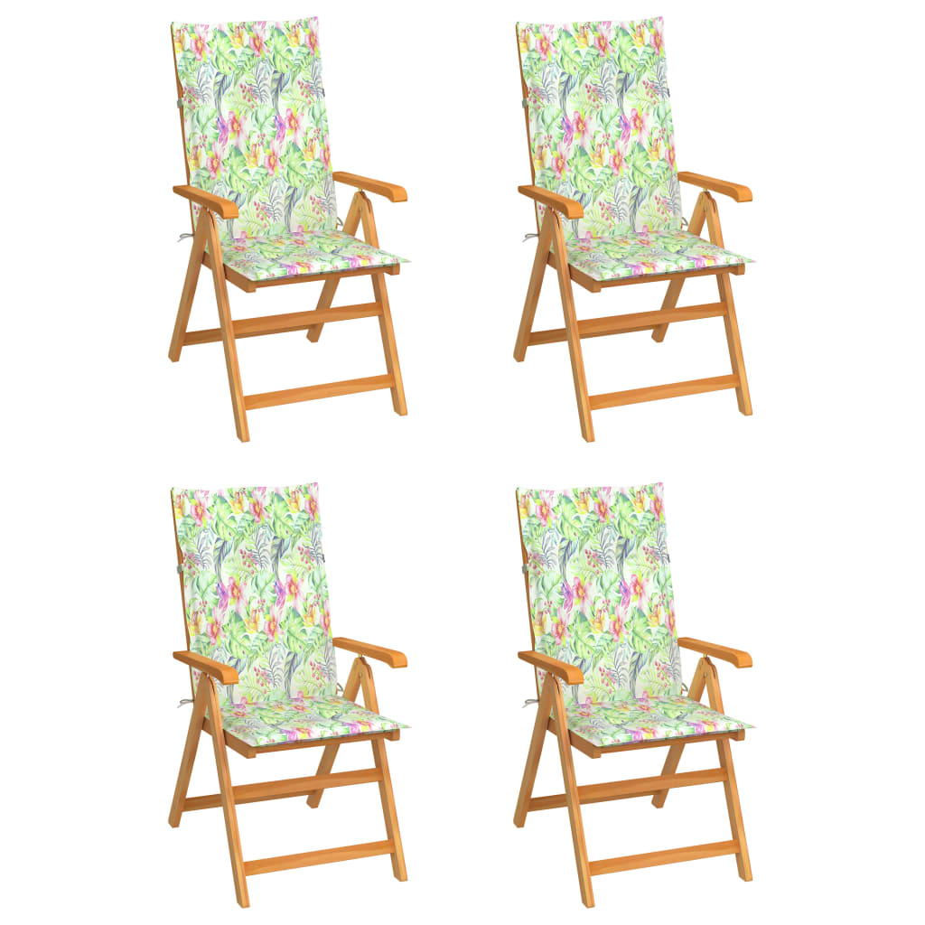 vidaXL Градински столове, 4 бр, с възглавници на листа, тик масив