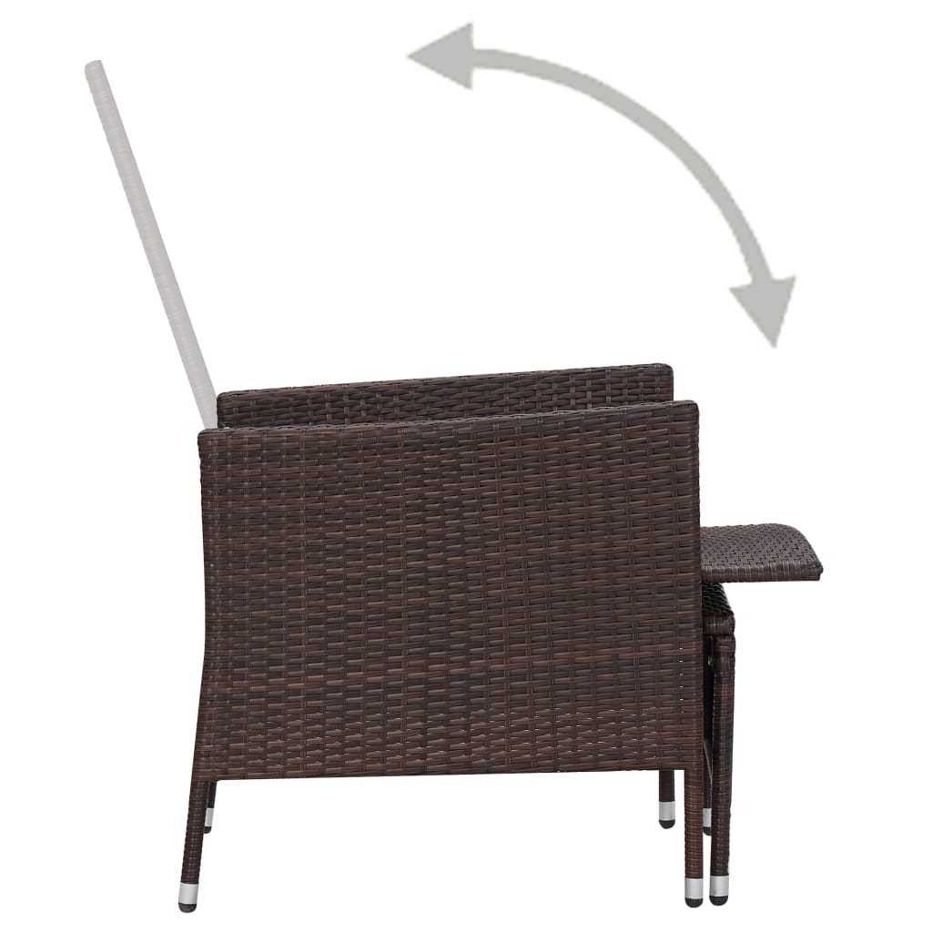 vidaXL Накланящ се градински стол с възглавници, полиратан, кафяв