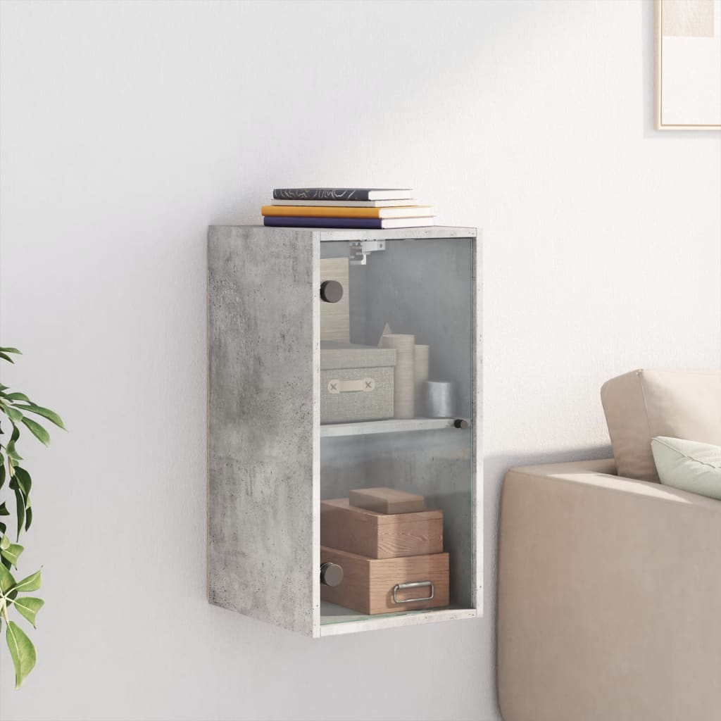 vidaXL Стенен шкаф със стъклени врати, бетонно сив, 35x37x68,5 см