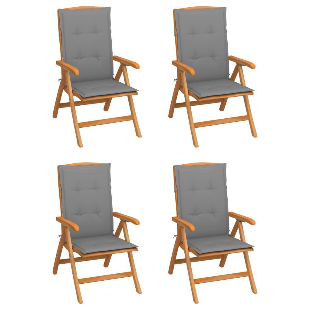 vidaXL Накланящи градински столове с възглавници 4 бр тик масив