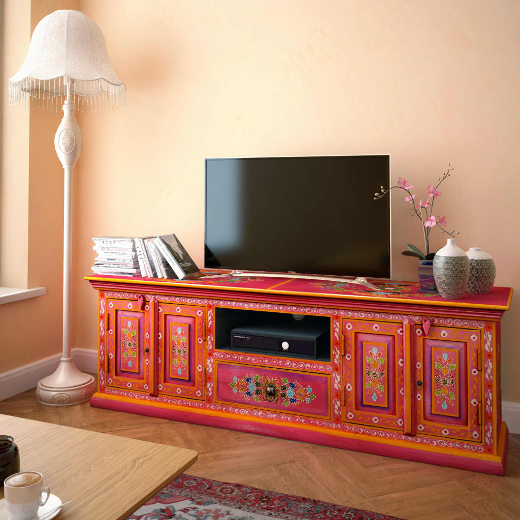 vidaXL Шкаф за телевизор, мангово дърво масив, розов, ръчно рисуван