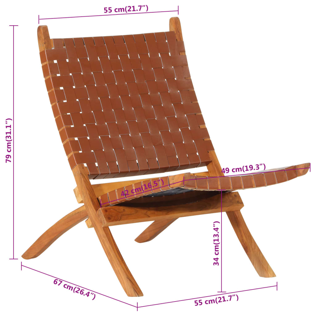 vidaXL Сгъваем релаксиращ стол, кафяв, естествена кожа