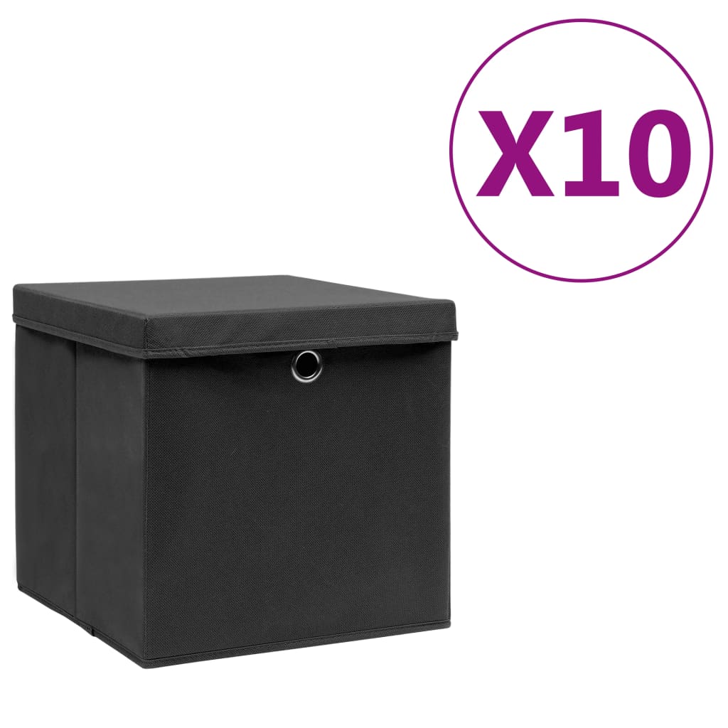 vidaXL Кутии за съхранение с капаци 10 бр 28x28x28 см черни