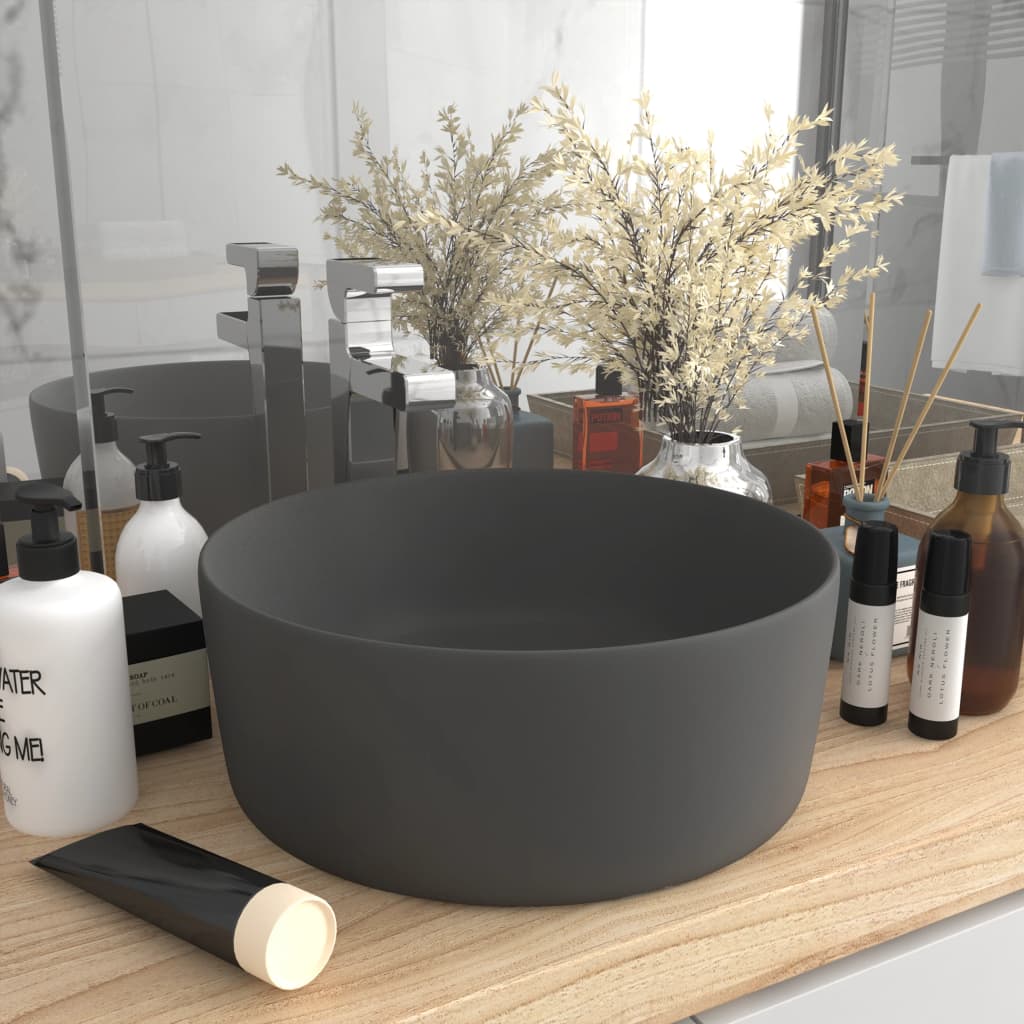 vidaXL Луксозна кръгла мивка, матово тъмносива, 40x15 см, керамика