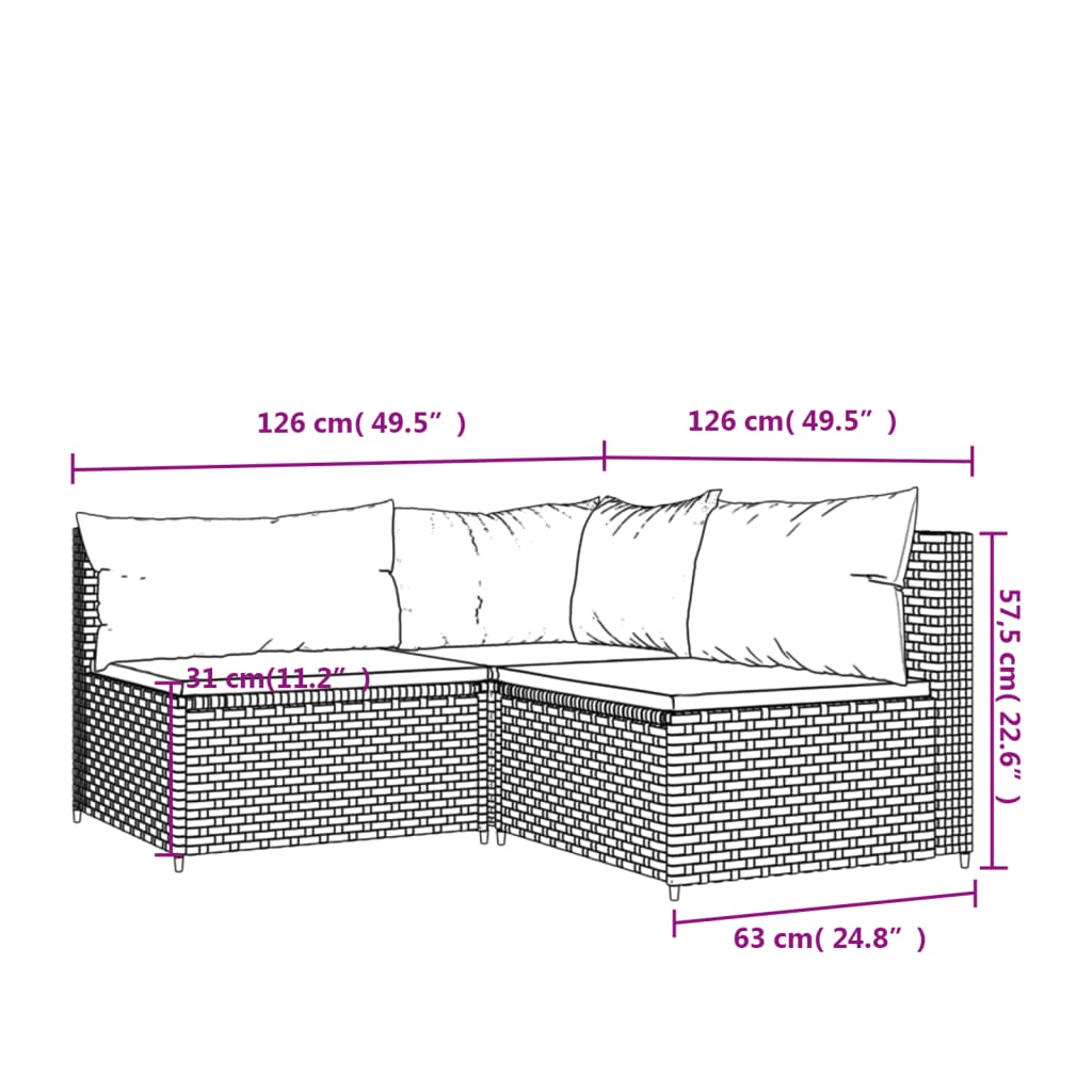 vidaXL Градински комплект с възглавници, 3 части, кафяв, полиратан
