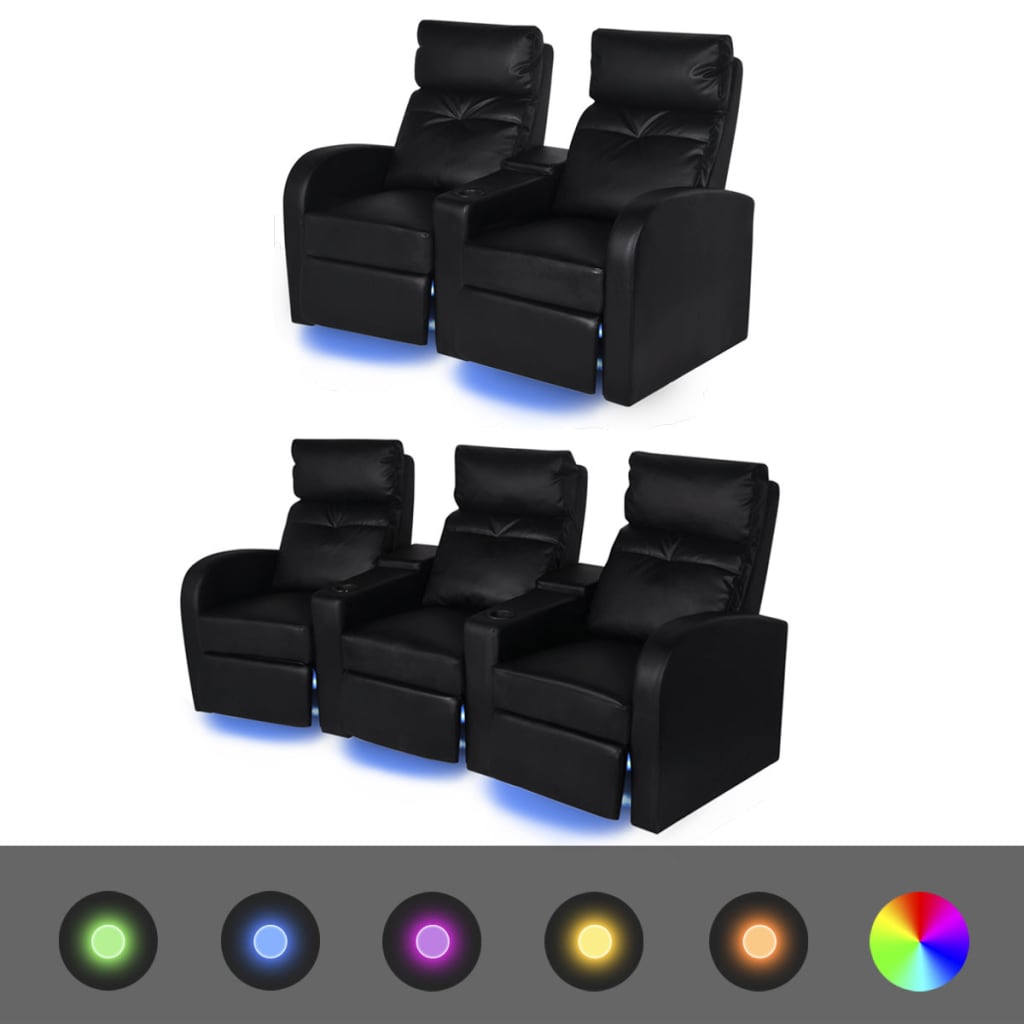 vidaXL LED реклайнери от две части 2+3 седалки изкуствена кожа черен