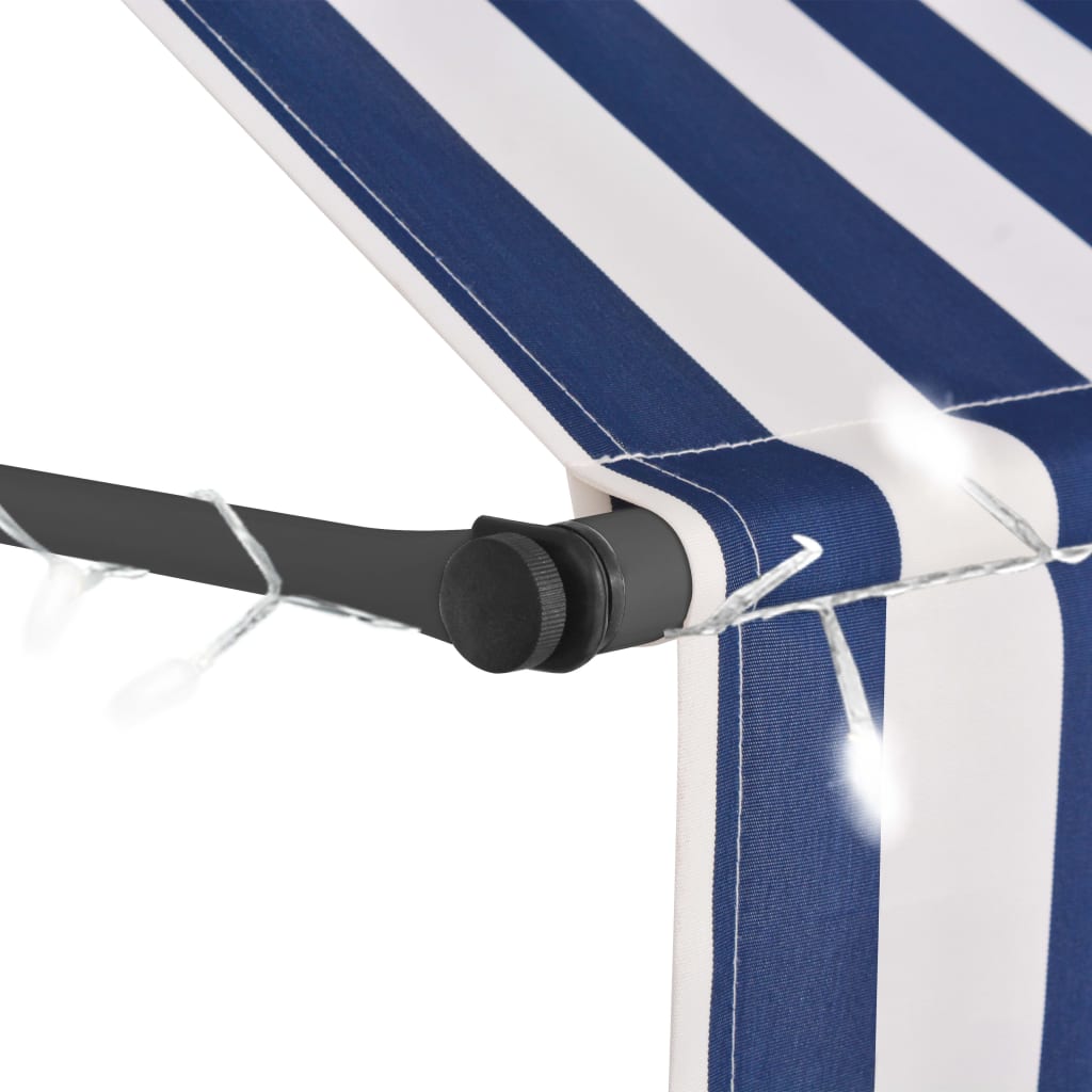 vidaXL Ръчно прибиращ се сенник с LED, 200 см, синьо и бяло