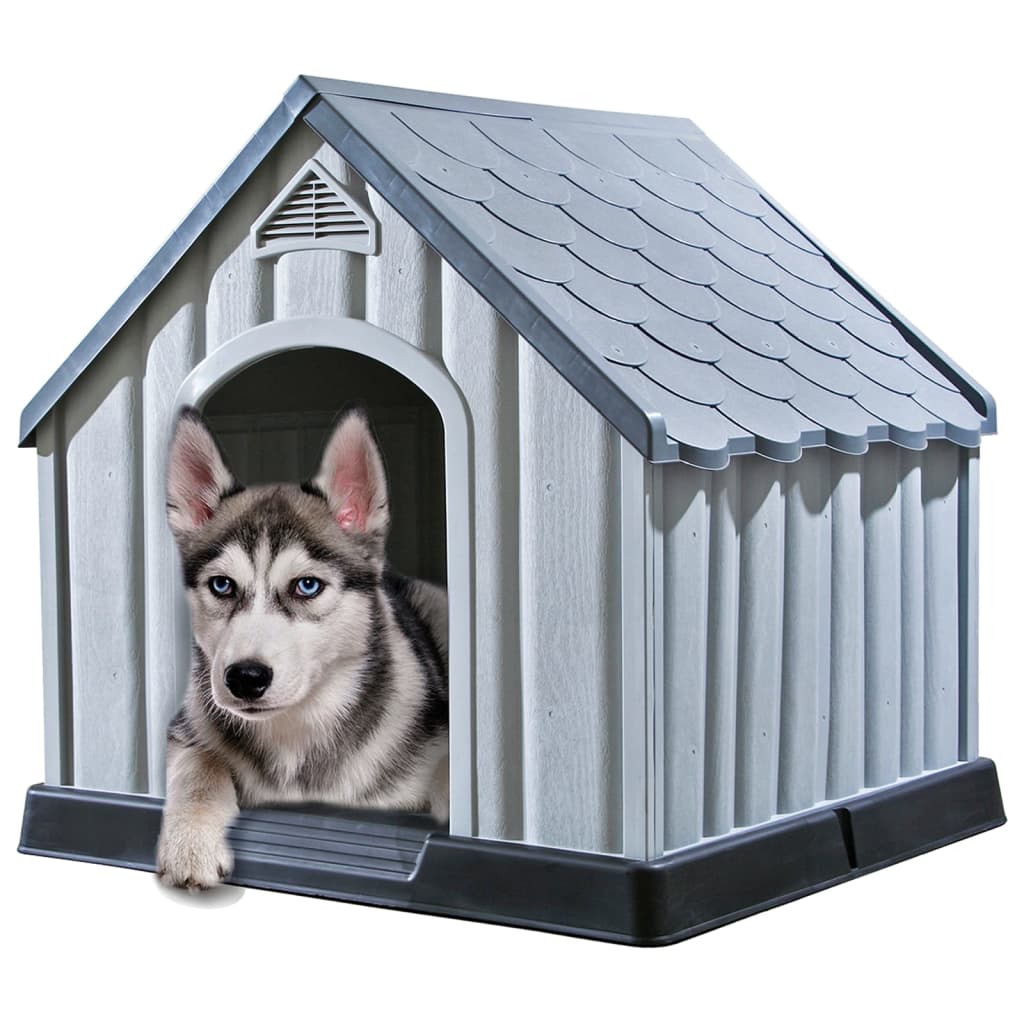 vidaXL Къща за кучета, сива, 92x87x91 см, пластмаса
