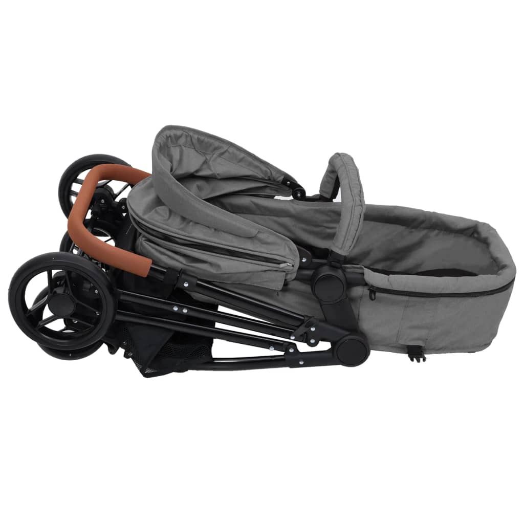vidaXL Бебешка количка 3-в-1, светлосиво и черно, стомана