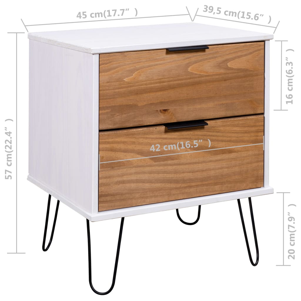vidaXL Нощно шкафче, естествено и бяло, 45x39,5x57 см, борово дърво