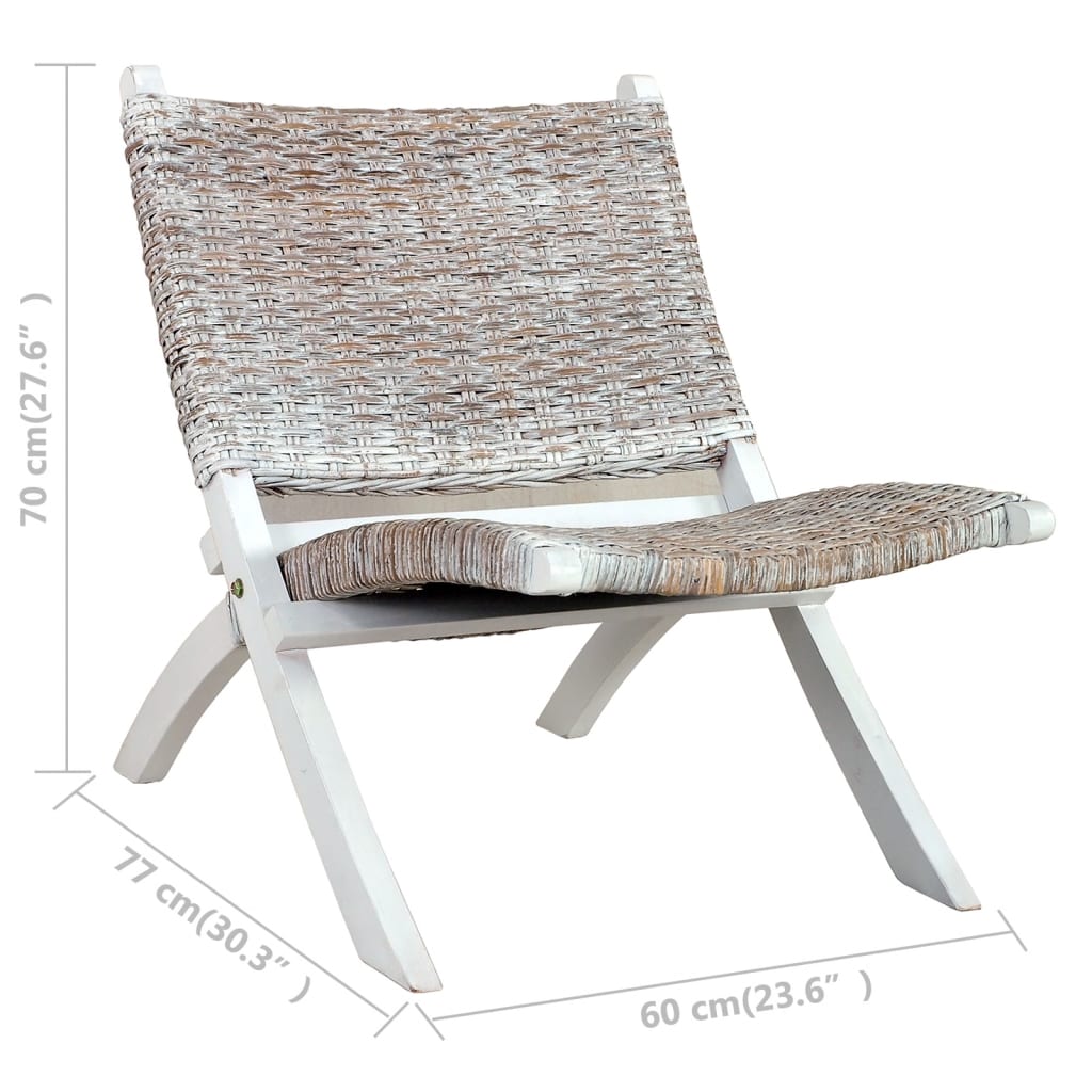 vidaXL Релаксиращ стол, бял, естествен кубу ратан и махагон масив