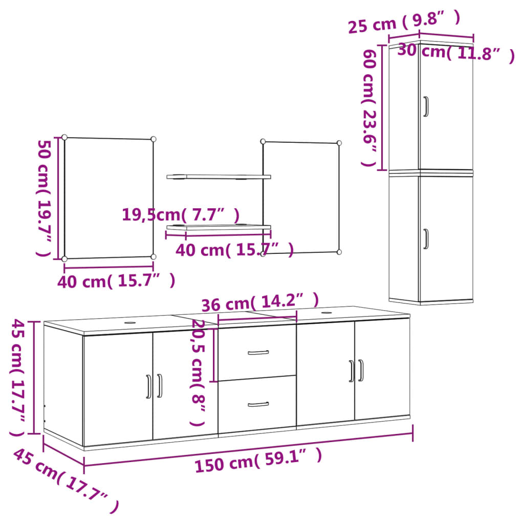 vidaXL Комплект мебели за баня от 7 части, черен, инженерно дърво