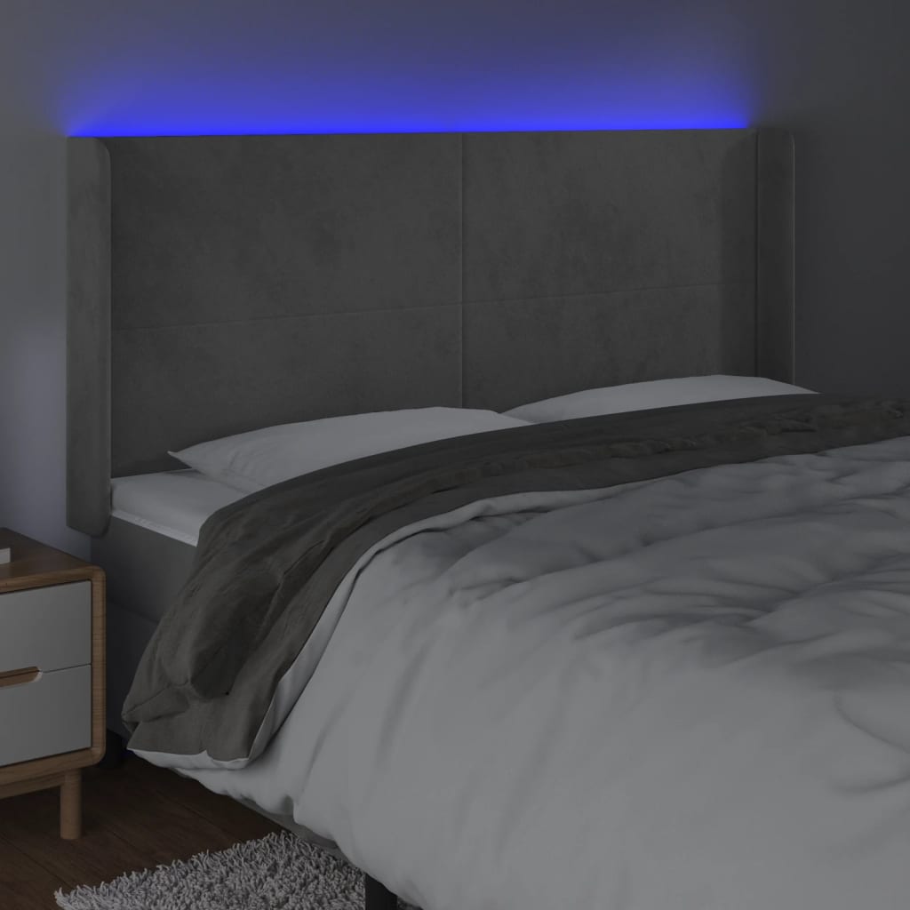 vidaXL LED горна табла за легло, светлосива, 183x16x118/128 см, кадифе